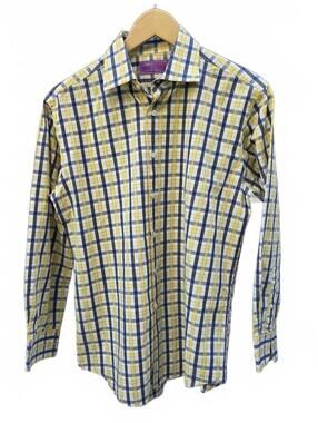 Lorenzo Uomo Purple Label Cotton Plaid Dress Shirt Charcoal/Yellow/Blue/Trim Fit